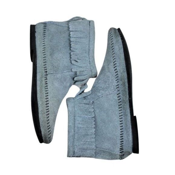 Leather Moccasin Bootie Fringe Ankle Zip Back Soft Rubber Sole Blue Gray Size 6 - Picture 4 of 10